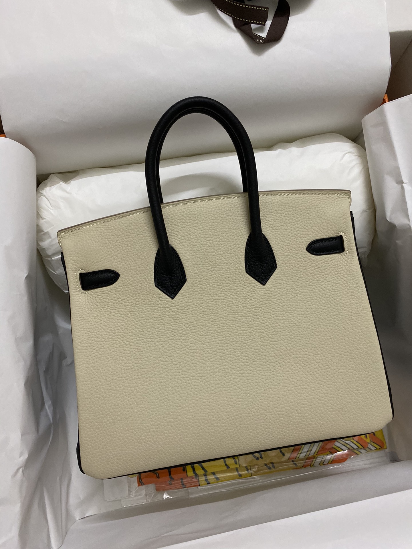 Hermes Birkin 25CM Togo Leather Handbag White Black